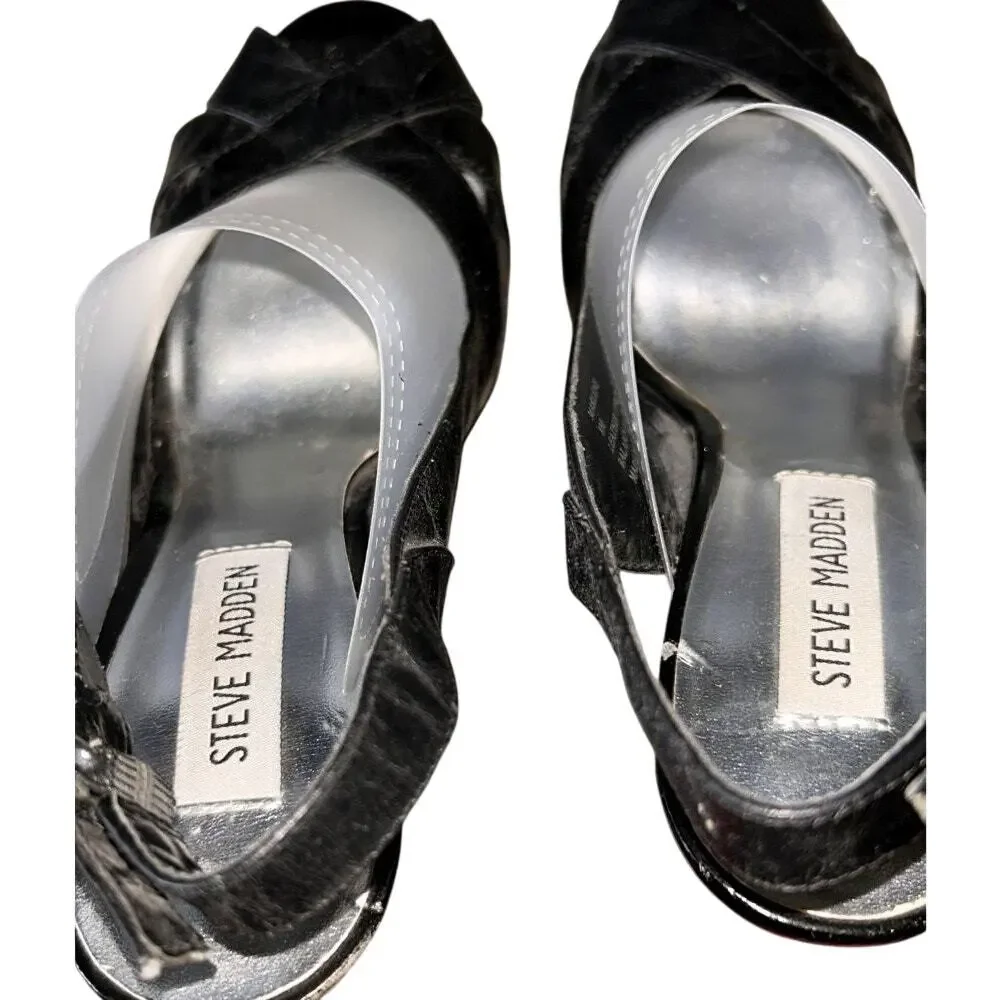 Steve Madden Black Leather Peep Toe Slingback Stiletto Heels 8 - Picture 5 of 8